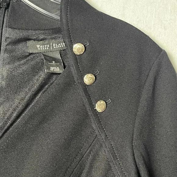 Ponte Knit White House Black Market Black Dress, Military Goldtone Buttons, Sz 2 - Picture 7 of 16